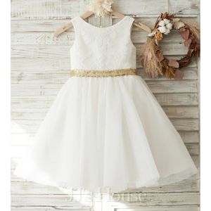 Flower girl dress w gold belt and bow